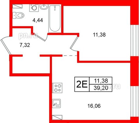 Квартира в ЖК «Остров Первых», 1 комнатная, 39.2 м², 4 этаж