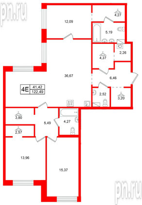 Квартира в ЖК Остров Первых, 3 комнатная, 122.49 м², 3 этаж