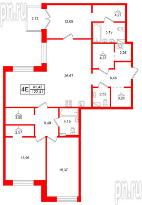 Квартира в ЖК Остров Первых, 3 комнатная, 122.41 м², 4 этаж