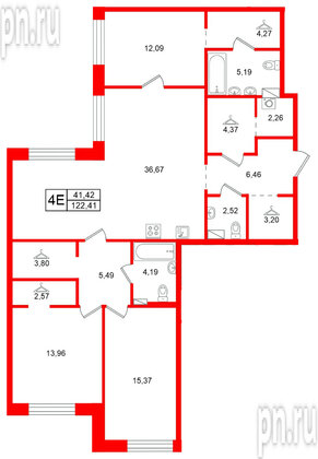 Квартира в ЖК Остров Первых, 3 комнатная, 122.41 м², 7 этаж