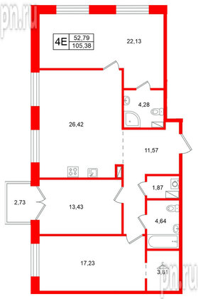 Квартира в ЖК Остров Первых, 3 комнатная, 105.38 м², 3 этаж