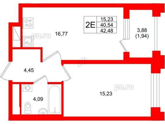 Квартира в ЖК Ассамблея, 1 комнатная, 42.48 м², 11 этаж