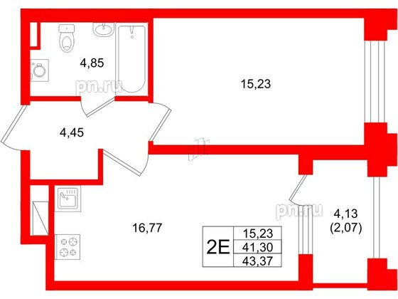 Квартира в ЖК Ассамблея, 1 комнатная, 43.37 м², 2 этаж