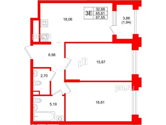 Квартира в ЖК Ассамблея, 2 комнатная, 67.55 м², 1 этаж