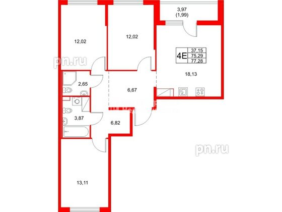 Квартира в ЖК Расцветай в Янино, 3 комнатная, 77.28 м², 4 этаж