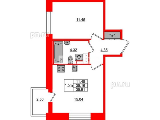 Квартира в ЖК Setl Лофт, 1 комнатная, 35.16 м², 7 этаж