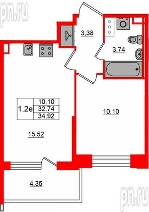Квартира в ЖК «Сэтл ЛОФТ», 1 комнатная, 32.74 м², 12 этаж