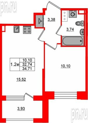 Квартира в ЖК «Сэтл ЛОФТ», 1 комнатная, 32.74 м², 6 этаж