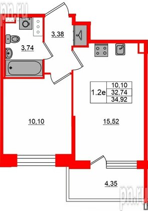 Квартира в ЖК «Сэтл ЛОФТ», 1 комнатная, 32.74 м², 10 этаж