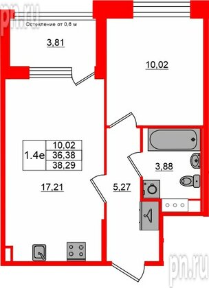 Квартира в ЖК «Сэтл ЛОФТ», 1 комнатная, 36.38 м², 3 этаж