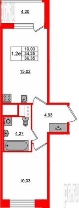 Квартира в ЖК «Сэтл ЛОФТ», 1 комнатная, 34.25 м², 4 этаж