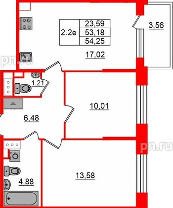Квартира в ЖК «Сэтл ЛОФТ», 2 комнатная, 53.18 м², 6 этаж