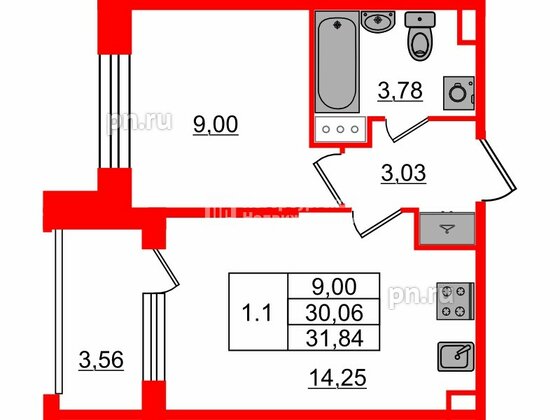Квартира в ЖК Setl Лофт, 1 комнатная, 30.06 м², 12 этаж