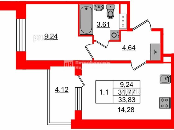 Квартира в ЖК Setl Лофт, 1 комнатная, 31.77 м², 5 этаж