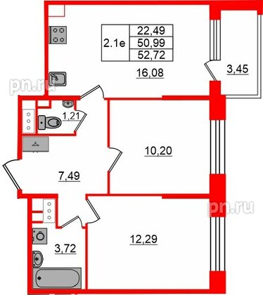 Квартира в ЖК «Сэтл ЛОФТ», 2 комнатная, 50.99 м², 12 этаж
