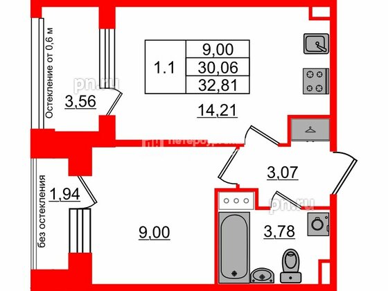 Квартира в ЖК Setl Лофт, 1 комнатная, 30.06 м², 9 этаж