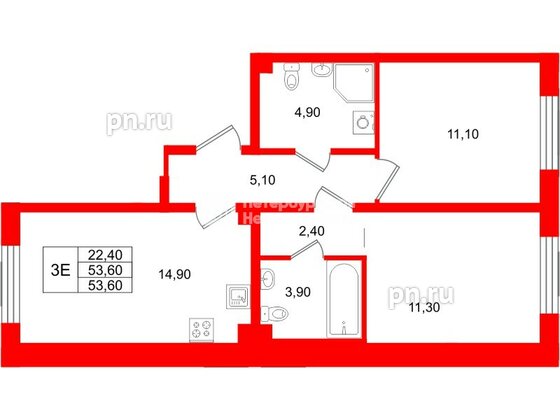 Квартира в ЖК «Пулково Lake», 2 комнатная, 53.6 м², 2 этаж