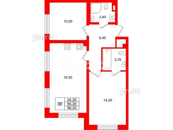 Квартира в ЖК «Пулково Лейк», 2 комнатная, 56.2 м², 2 этаж