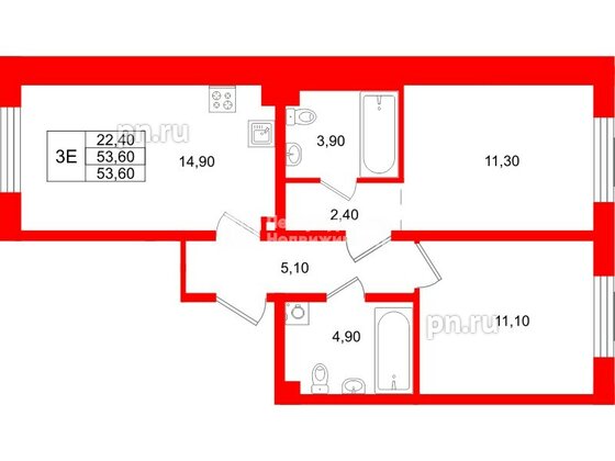 Квартира в ЖК «Пулково Lake», 2 комнатная, 53.6 м², 1 этаж