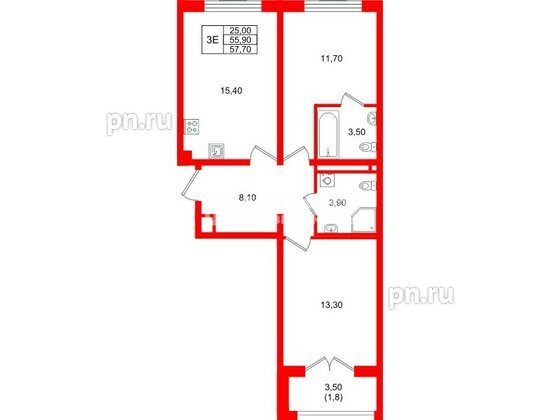 Квартира в ЖК «Пулково Lake», 2 комнатная, 57.7 м², 3 этаж