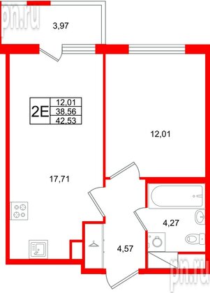 Квартира в ЖК ЯСНО.ЯНИНО, 1 комнатная, 42.53 м², 5 этаж