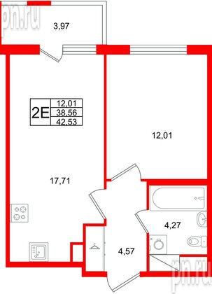 Квартира в ЖК ЯСНО.ЯНИНО, 1 комнатная, 42.53 м², 4 этаж