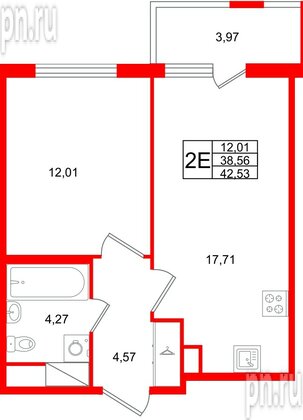 Квартира в ЖК ЯСНО.ЯНИНО, 1 комнатная, 42.53 м², 7 этаж
