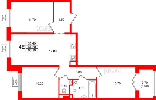 Квартира в ЖК «Пулково Лейк», 3 комнатная, 66.1 м², 3 этаж
