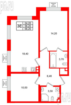 Квартира в ЖК «Пулково Lake», 2 комнатная, 56.2 м², 2 этаж