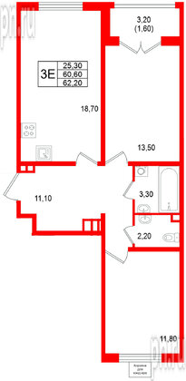 Квартира в ЖК «Пулково Lake», 2 комнатная, 62.2 м², 3 этаж