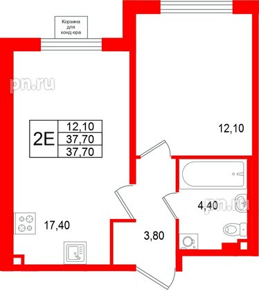Квартира в ЖК «Пулково Лейк», 1 комнатная, 37.7 м², 2 этаж
