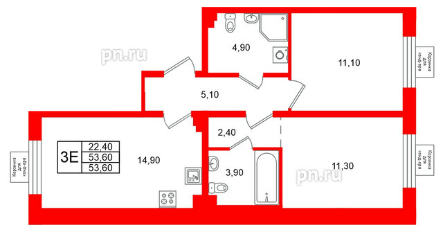 Квартира в ЖК «Пулково Lake», 2 комнатная, 53.6 м², 2 этаж