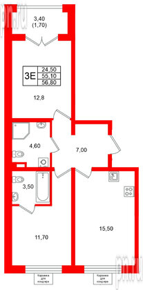 Квартира в ЖК «Пулково Lake», 2 комнатная, 56.8 м², 2 этаж