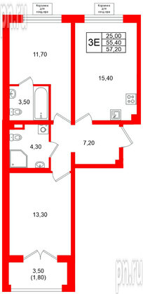 Квартира в ЖК «Пулково Lake», 2 комнатная, 57.2 м², 2 этаж