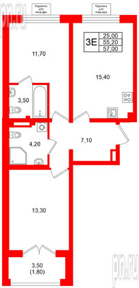 Квартира в ЖК «Пулково Lake», 2 комнатная, 57 м², 4 этаж