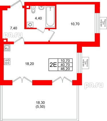 Квартира в ЖК «Пулково Лейк», 1 комнатная, 46.2 м², 1 этаж