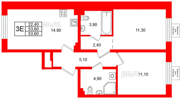 Квартира в ЖК «Пулково Lake», 2 комнатная, 53.6 м², 1 этаж