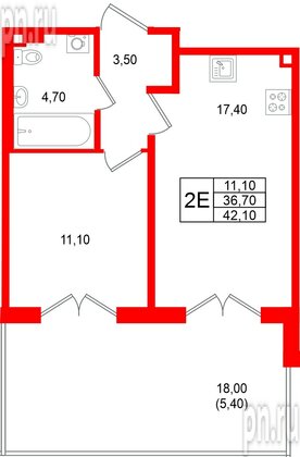 Квартира в ЖК «Пулково Лейк», 1 комнатная, 42.1 м², 1 этаж
