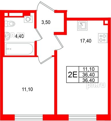 Квартира в ЖК «Пулково Лейк», 1 комнатная, 36.4 м², 3 этаж