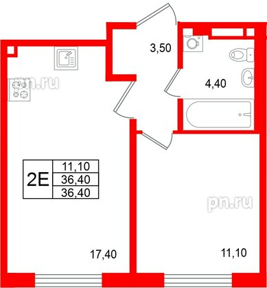 Квартира в ЖК «Пулково Лейк», 1 комнатная, 36.4 м², 3 этаж