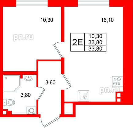 Квартира в ЖК «Пулково Лейк», 1 комнатная, 33.8 м², 2 этаж
