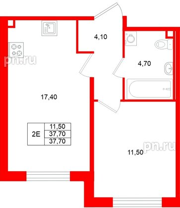 Квартира в ЖК «Пулково Лейк», 1 комнатная, 37.7 м², 1 этаж