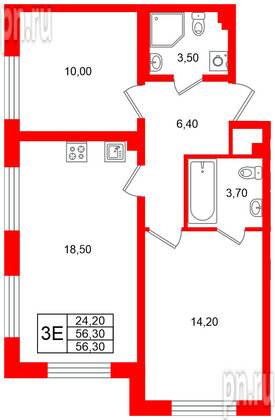 Квартира в ЖК «Пулково Lake», 2 комнатная, 56.3 м², 2 этаж