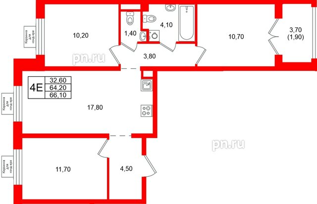 Квартира в ЖК «Пулково Лейк», 3 комнатная, 66.1 м², 3 этаж