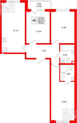 Квартира в ЖК «Ручьи–2», 3 комнатная, 70 м², 19 этаж
