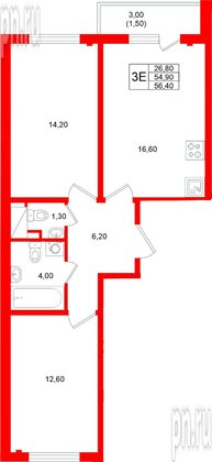 Квартира в ЖК «Ручьи–2», 2 комнатная, 56.4 м², 2 этаж