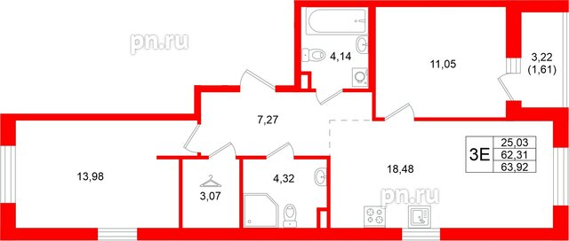 Квартира в ЖК Энфилд, 2 комнатная, 63.92 м², 2 этаж