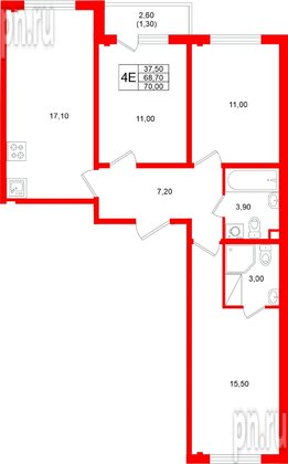 Квартира в ЖК «Ручьи–2», 3 комнатная, 70 м², 6 этаж