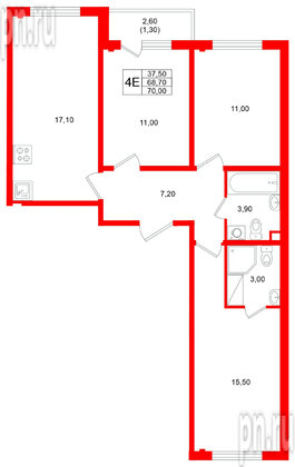 Квартира в ЖК «Ручьи–2», 3 комнатная, 70 м², 17 этаж