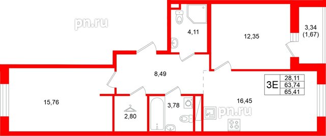 Квартира в ЖК Энфилд, 2 комнатная, 65.41 м², 9 этаж